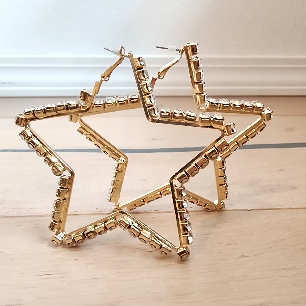 Gold Rhinestone Five-pointed Star Earrings Large Extra Light Weight